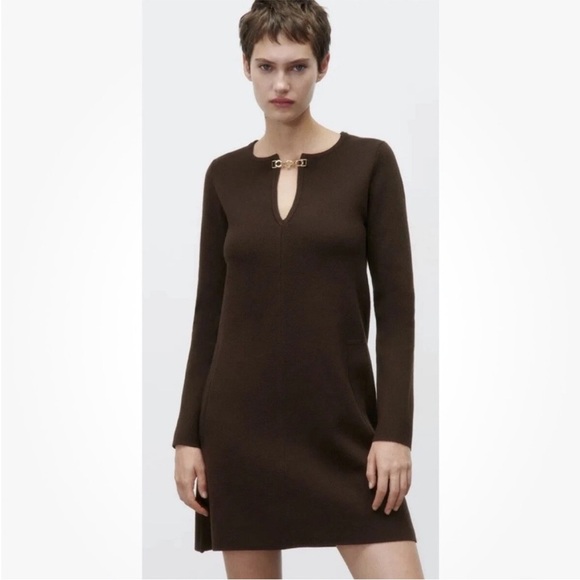 Zara Brown Long Sleeve Knit Sweater Dress With Cutout - Picture 2 of 14